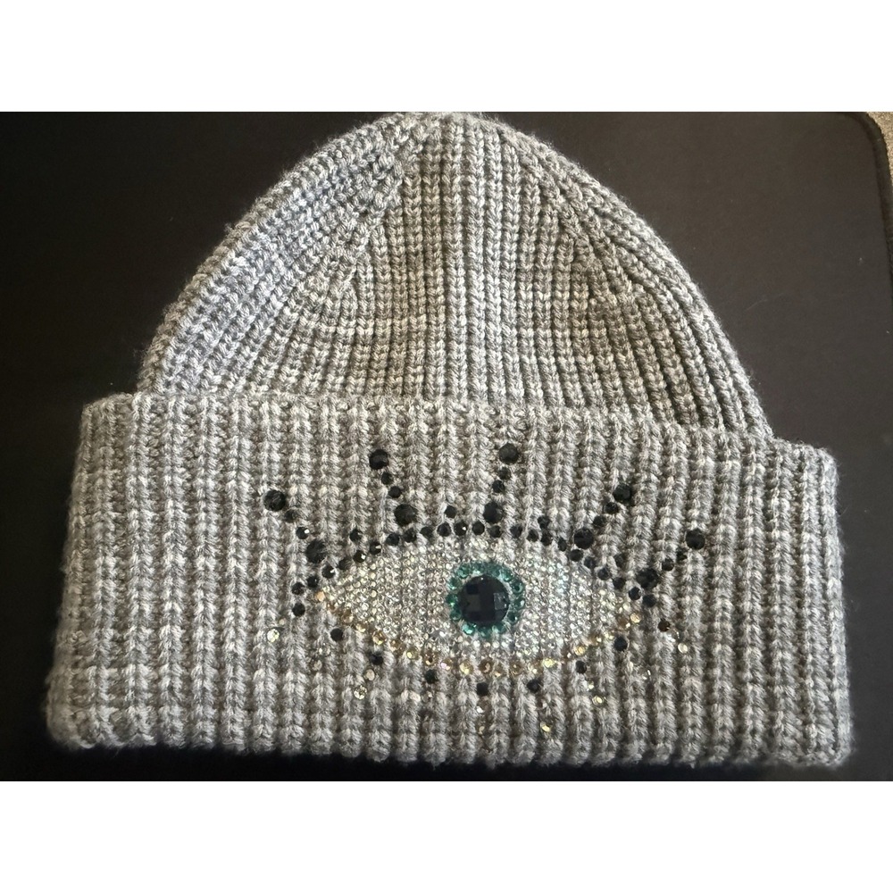 Kurt Geiger London Crystal Slouch Beanie Gray Wool Blend Evil Eye Hat OS